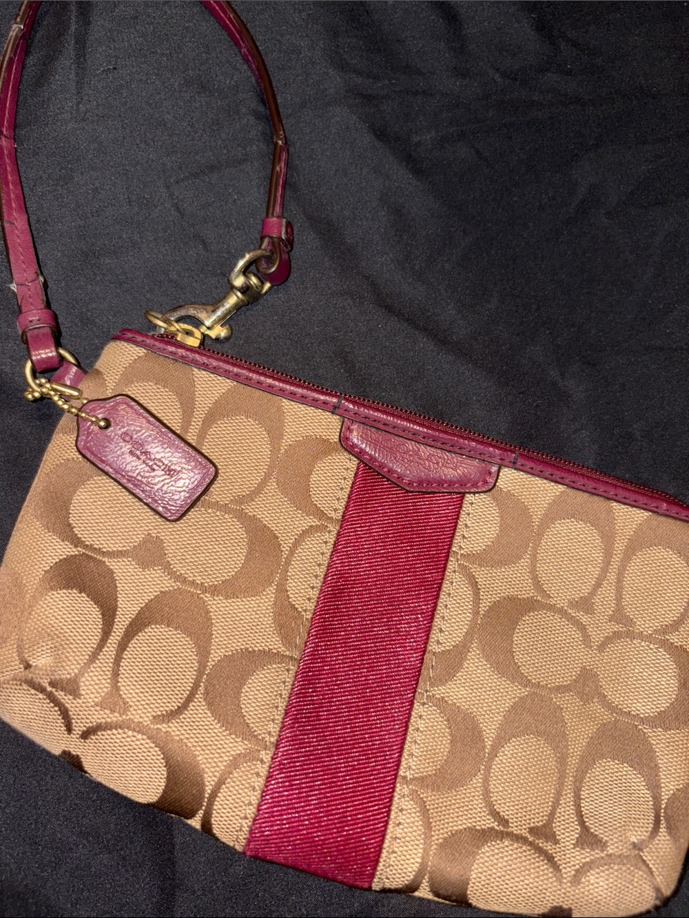 Coach Tan Signature Canvas Wristlet with Red Trim